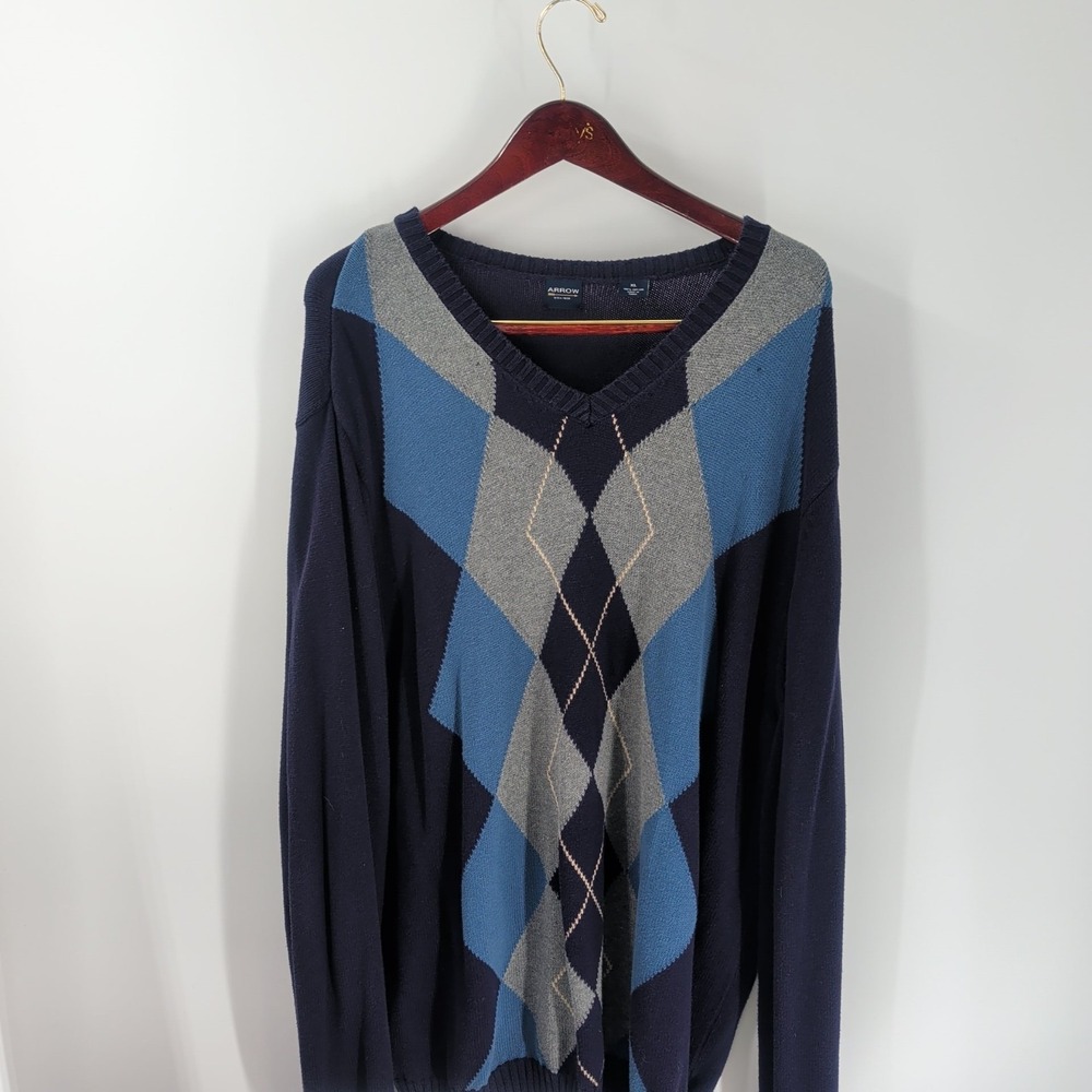 Arrow Long Sleeve Outdoor Tight Knit Argyle V-Neck Pullover Sweater Blue Size XL